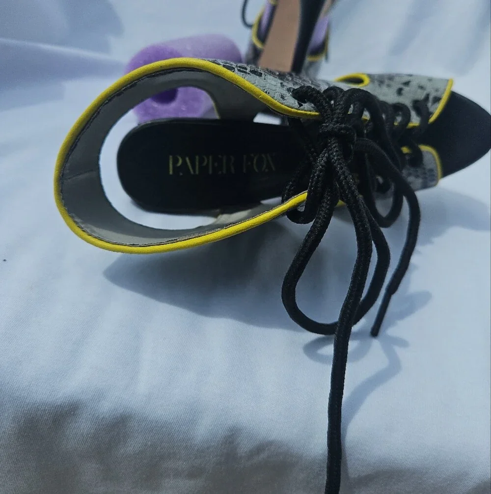 Paper Fox Gray Snake-Print Lace-Up Platform Sandals with Yellow Trim